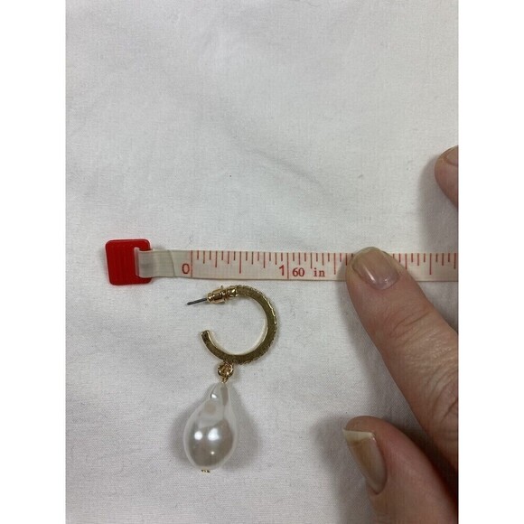 Pearl Drop Earrings Gold Tone Hoops Faux Diamonds Pearlcore - Picture 8 of 12